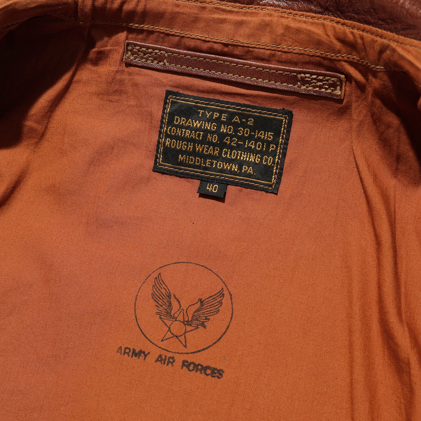 Rainbow Country "TYPE A-2"ROUGH WEAR CLOTHING CO.CONTRACT NO. 42-1401P Horse Hide Tabaco Brown【RCL-10071】